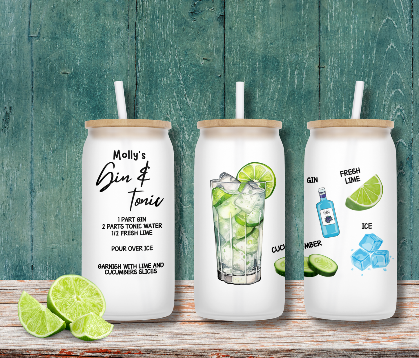 Personalised Frosted Glass Tumbler - Gin & Tonic Design