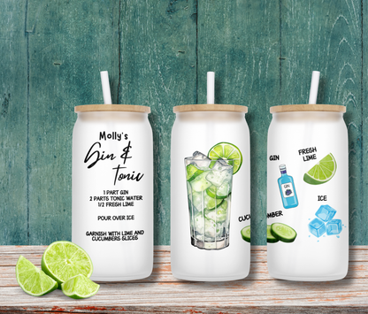 Personalised Frosted Glass Tumbler - Gin & Tonic Design