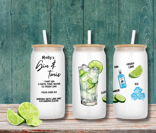 Personalised Frosted Glass Tumbler - Gin & Tonic Design