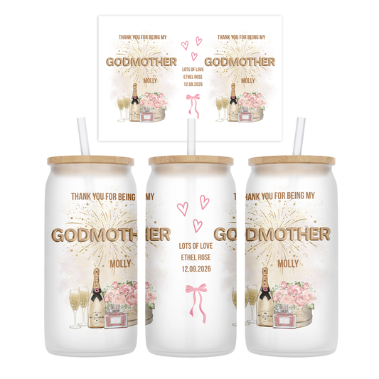 Personalised Frosted Glass Tumbler - Godmother Champagne Floral Design