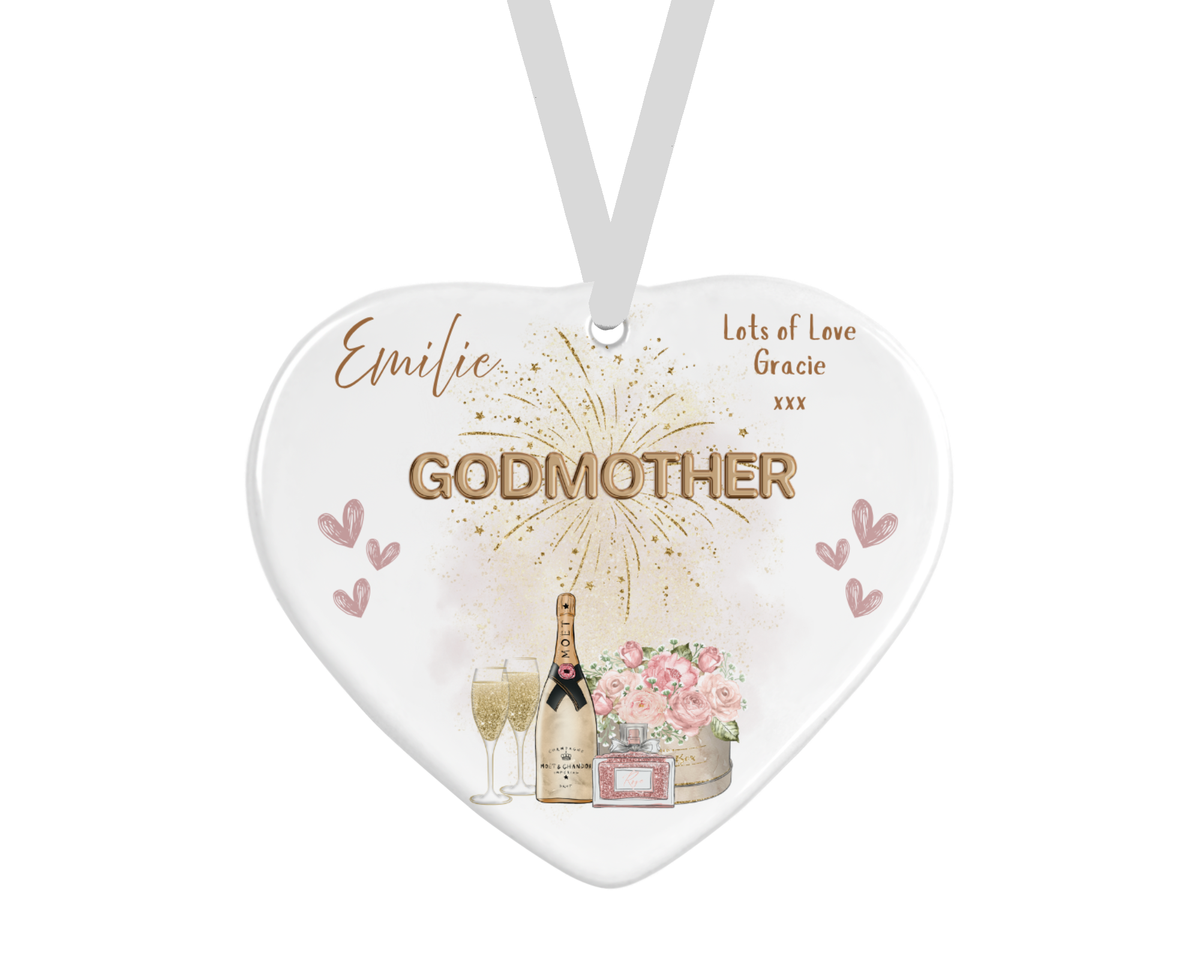 Personalised Ceramic Heart - Godmother Champagne Design