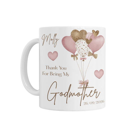 Personalised Ceramic Mug - Godmother Pink & Gold Balloons Design