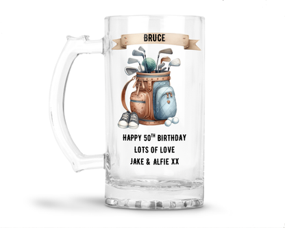 Personalised Clear Glass Beer Tankard Mug - Golf Bag Design