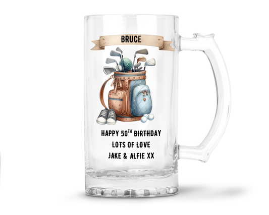 Personalised Clear Glass Beer Tankard Mug - Golf Bag Design