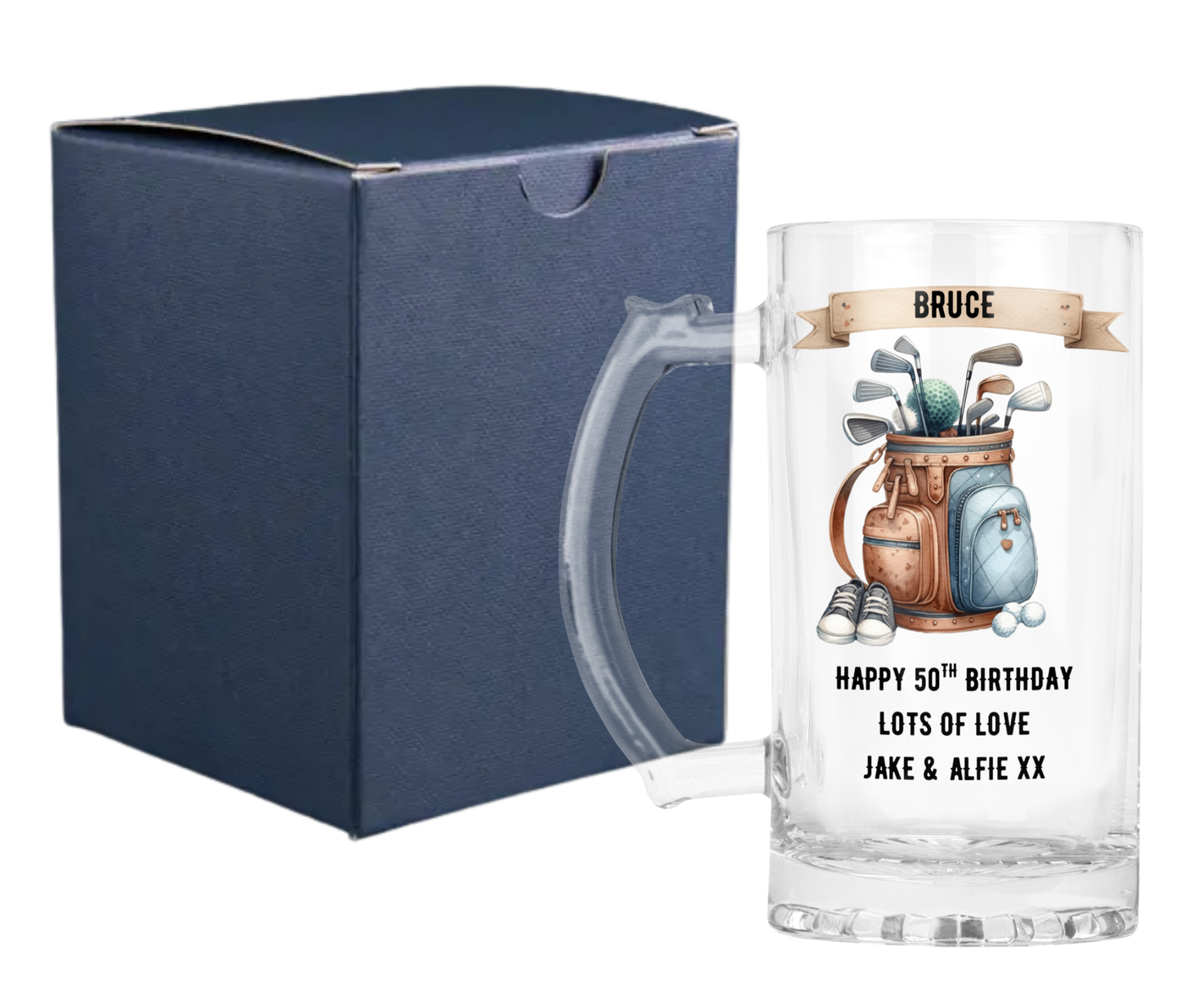 Personalised Clear Glass Beer Tankard Mug - Golf Bag Design