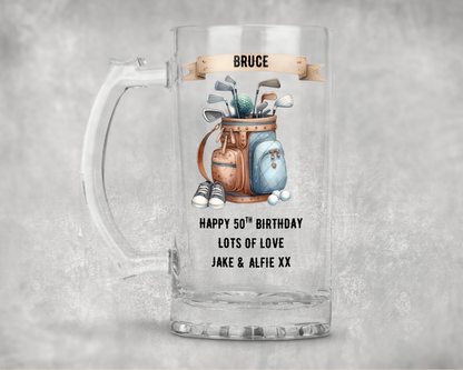 Personalised Clear Glass Beer Tankard Mug - Golf Bag Design