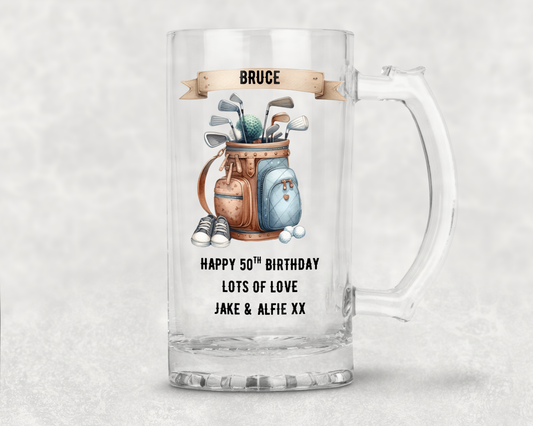 Personalised Clear Glass Beer Tankard Mug - Golf Bag Design