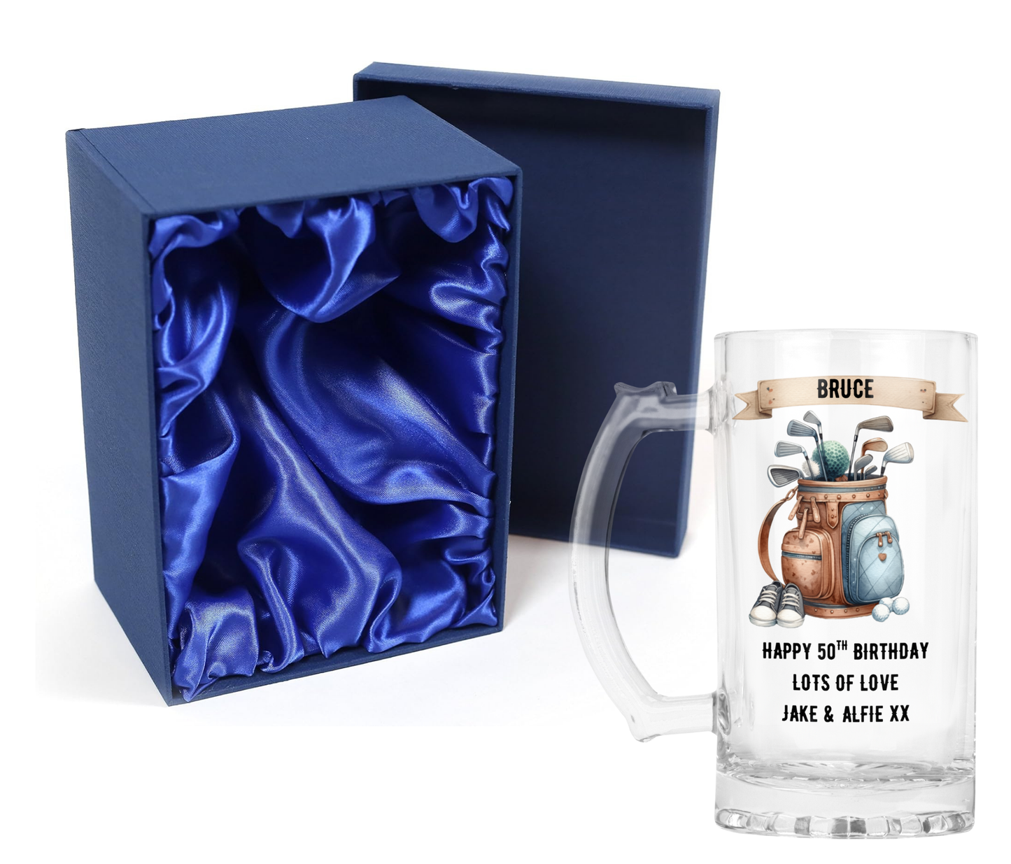 Personalised Clear Glass Beer Tankard Mug - Golf Bag Design