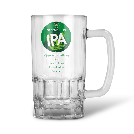 Personalised 20oz Pint Clear Glass Beer Tankard Mug - Greene King IPA Design