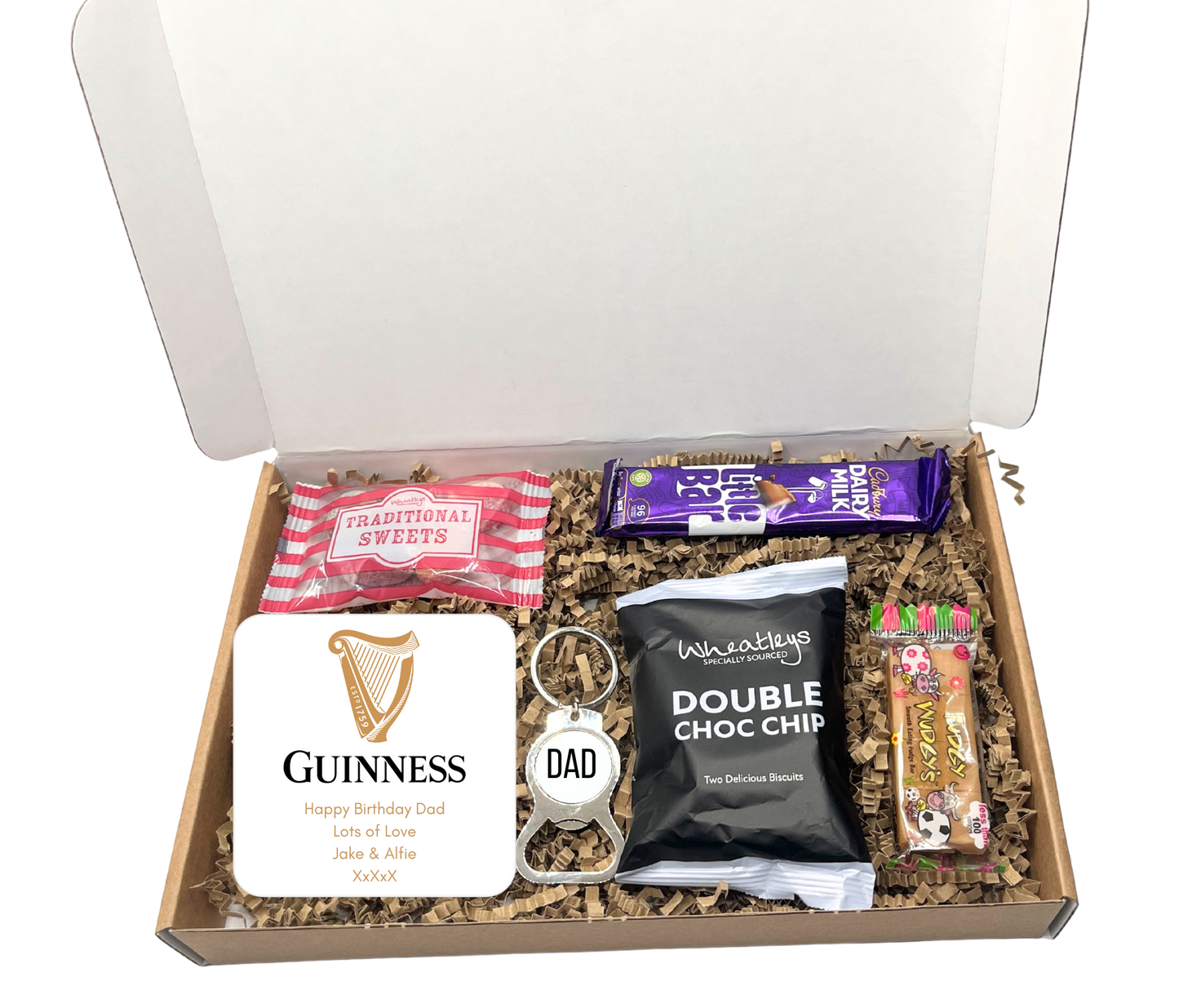 Personalised Guinness Coaster & Keyring with Treats in Gift Box Letterbox Friendly