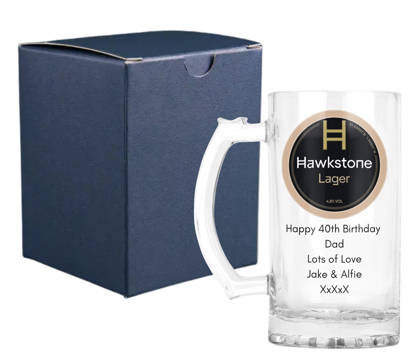 Personalised Glass Beer Tankard Mug - Hawkstone Lager Design