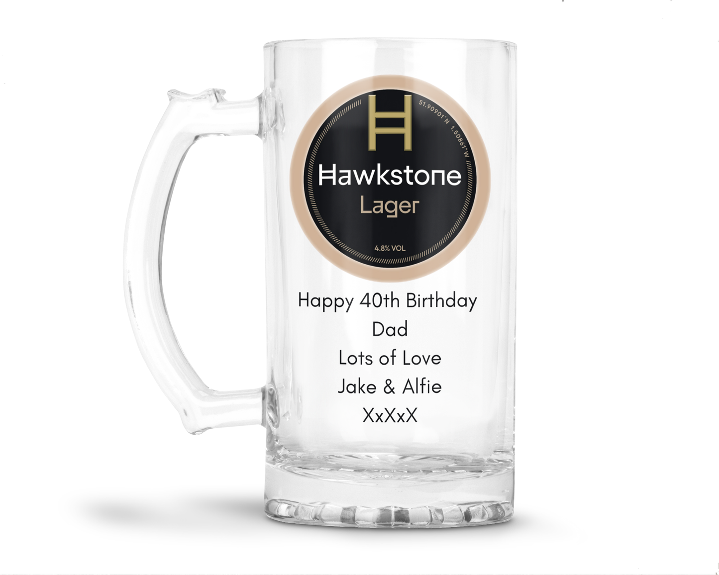 Personalised Glass Beer Tankard Mug - Hawkstone Lager Design
