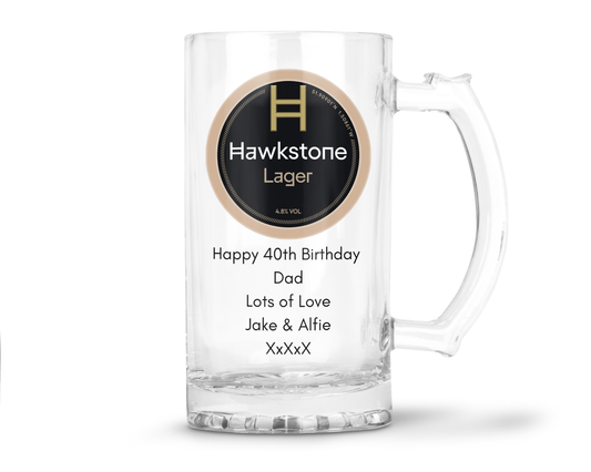 Personalised Glass Beer Tankard Mug - Hawkstone Lager Design