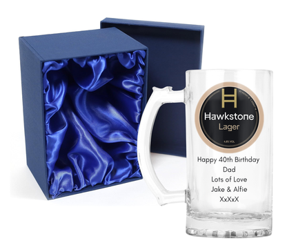 Personalised Glass Beer Tankard Mug - Hawkstone Lager Design