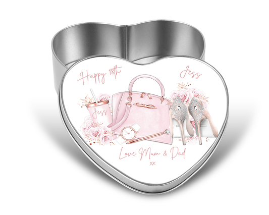 Personalised Heart Sweet Keepsake Tin - Pink Shoes & Handbag