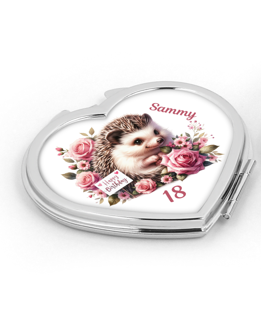 Personalised Heart Compact Mirror - Hedgehog Birthday