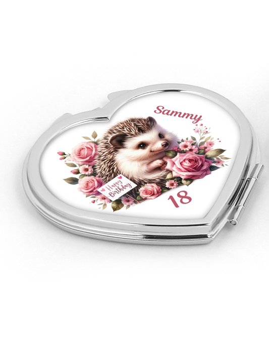 Personalised Heart Compact Mirror - Hedgehog Birthday