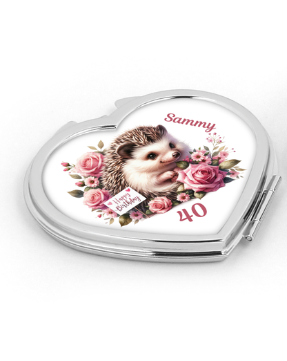 Personalised Heart Compact Mirror - Hedgehog Birthday