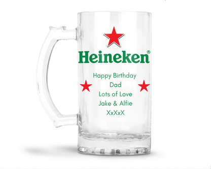 Personalised Glass Beer Tankard Mug - Heineken Lager Design