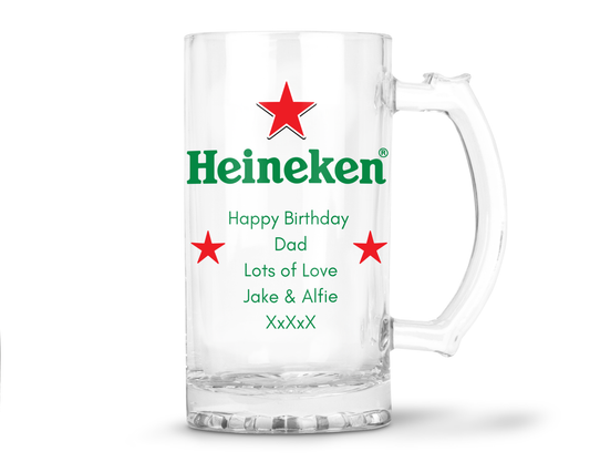 Personalised Glass Beer Tankard Mug - Heineken Lager Design