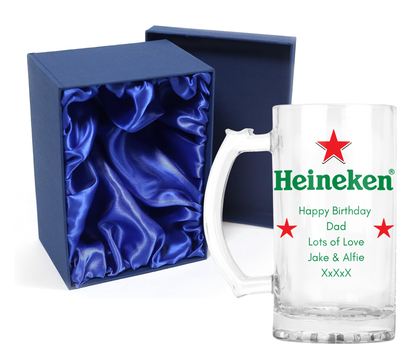 Personalised Glass Beer Tankard Mug - Heineken Lager Design