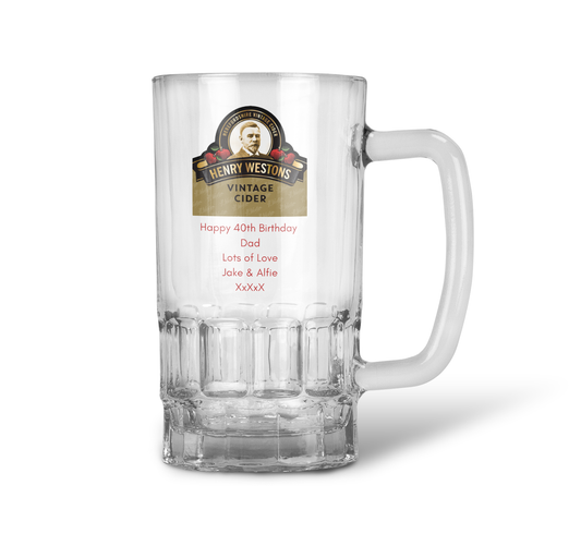 Personalised 20oz Pint Clear Glass Cider Tankard Mug - Henry Weston Cider Design