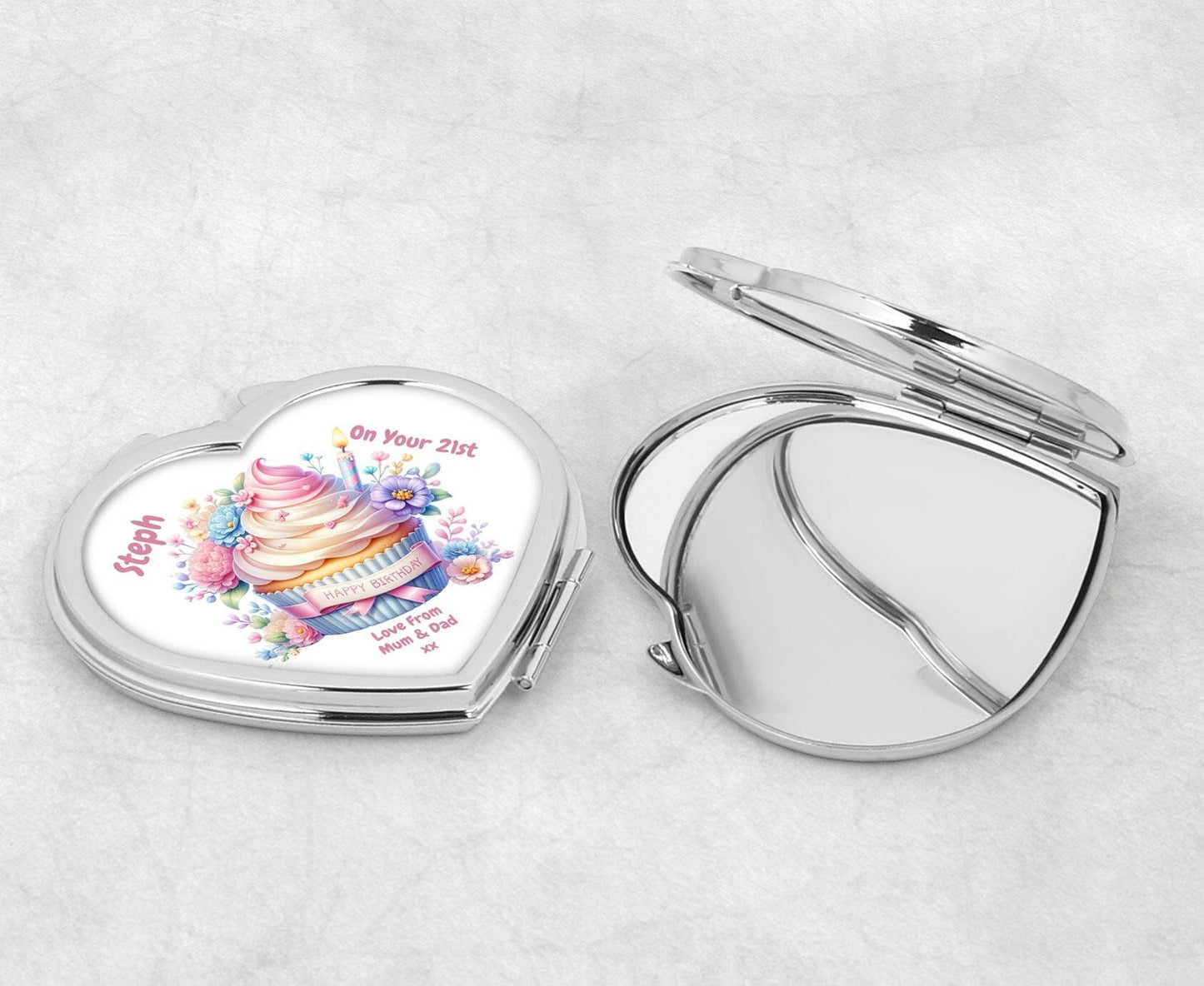 Personalised Heart Compact Mirror - Birthday Cupcake