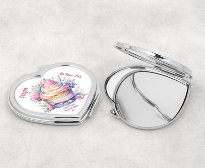 Personalised Heart Compact Mirror - Birthday Cupcake