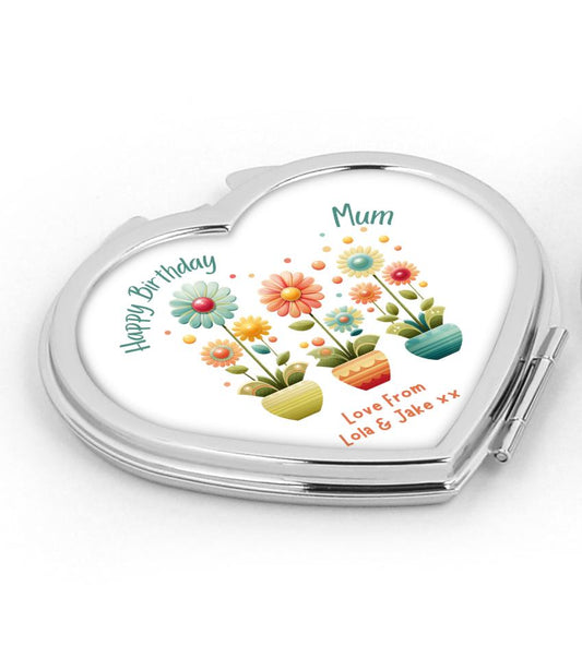 Personalised Heart Compact Mirror - Daisies