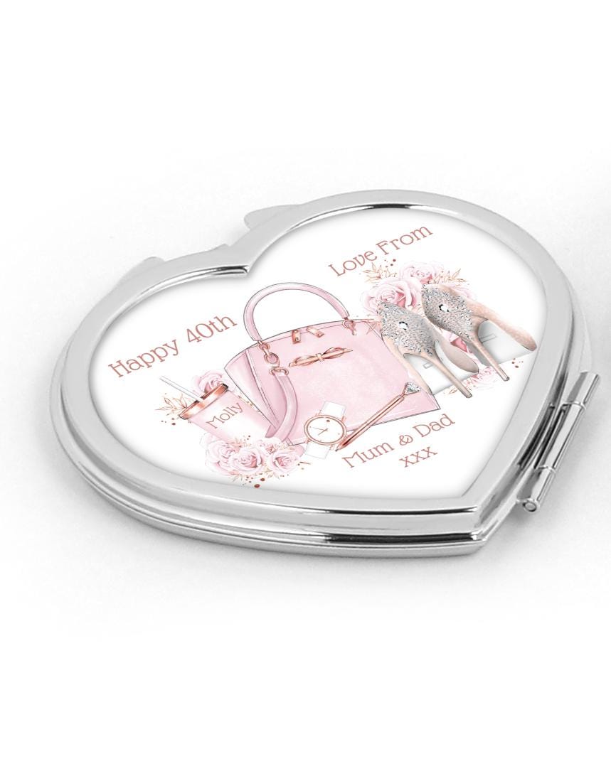 Personalised Heart Compact Mirror - Pink Shoes & Handbag