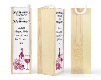 Personalised Wooden Bottle Gift Box - Vintage Red Wine Design
