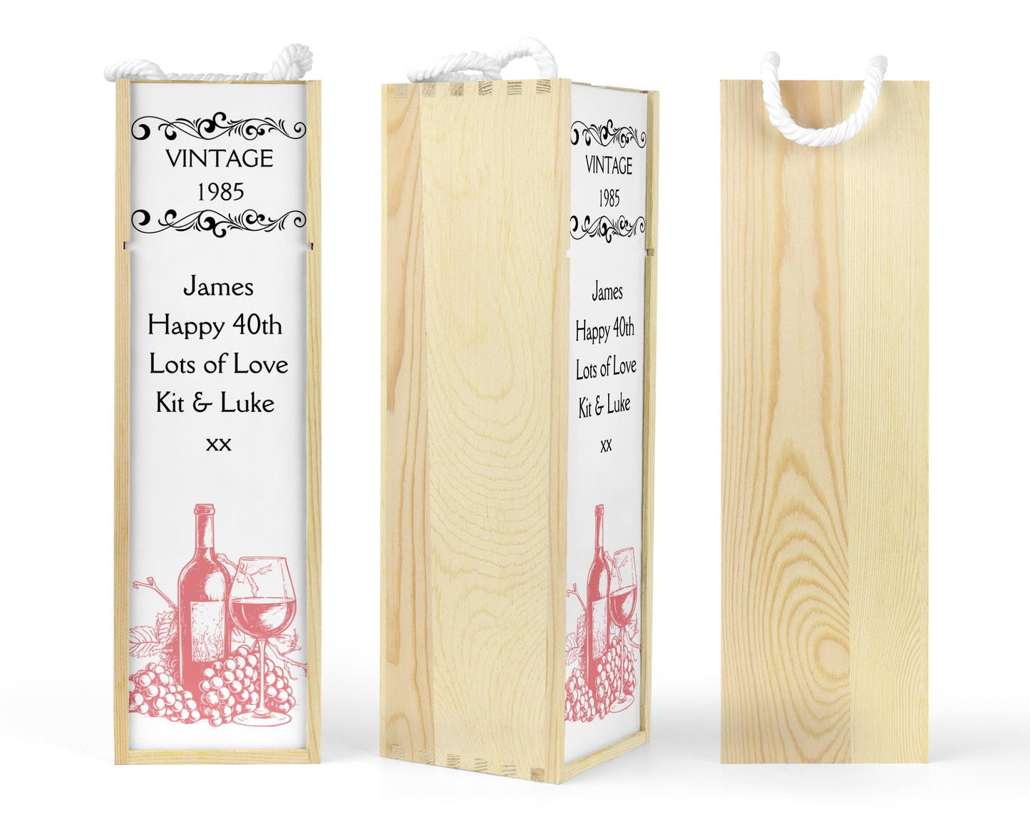 Personalised Wooden Bottle Gift Box - Vintage Rose Wine Design