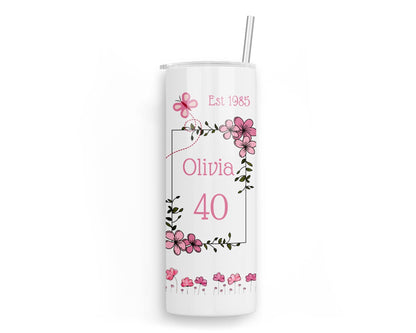 Personalised Insulated Tumbler Travel Bottle - Pink Floral Birthday