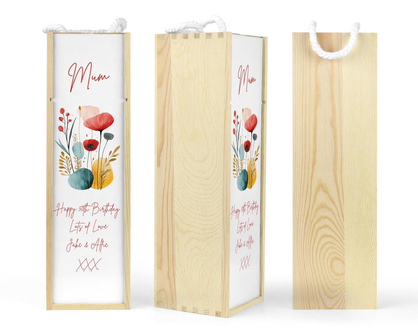 Personalised Wooden Bottle Gift Box - Poppies Floral