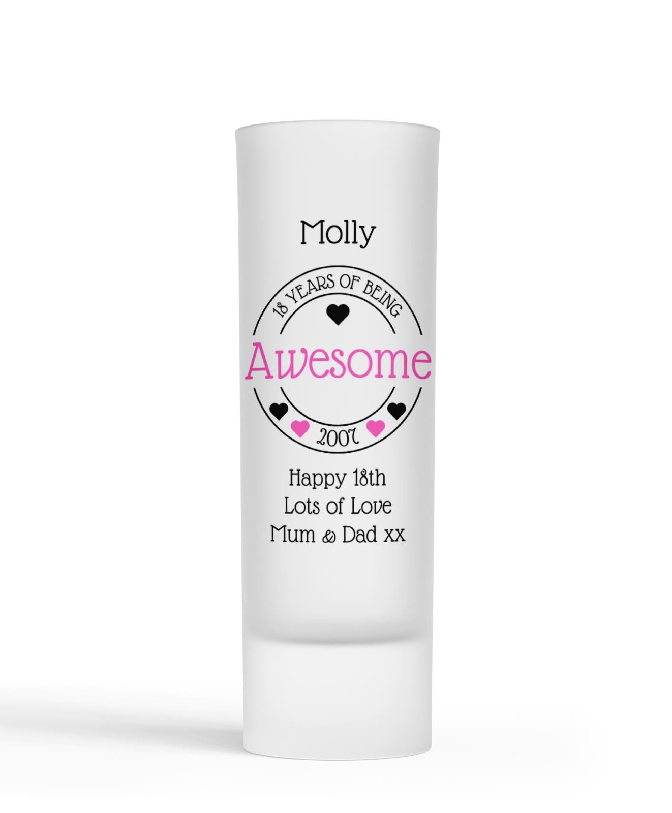 Personalised Shot Glass - Awesome Birthday Hearts