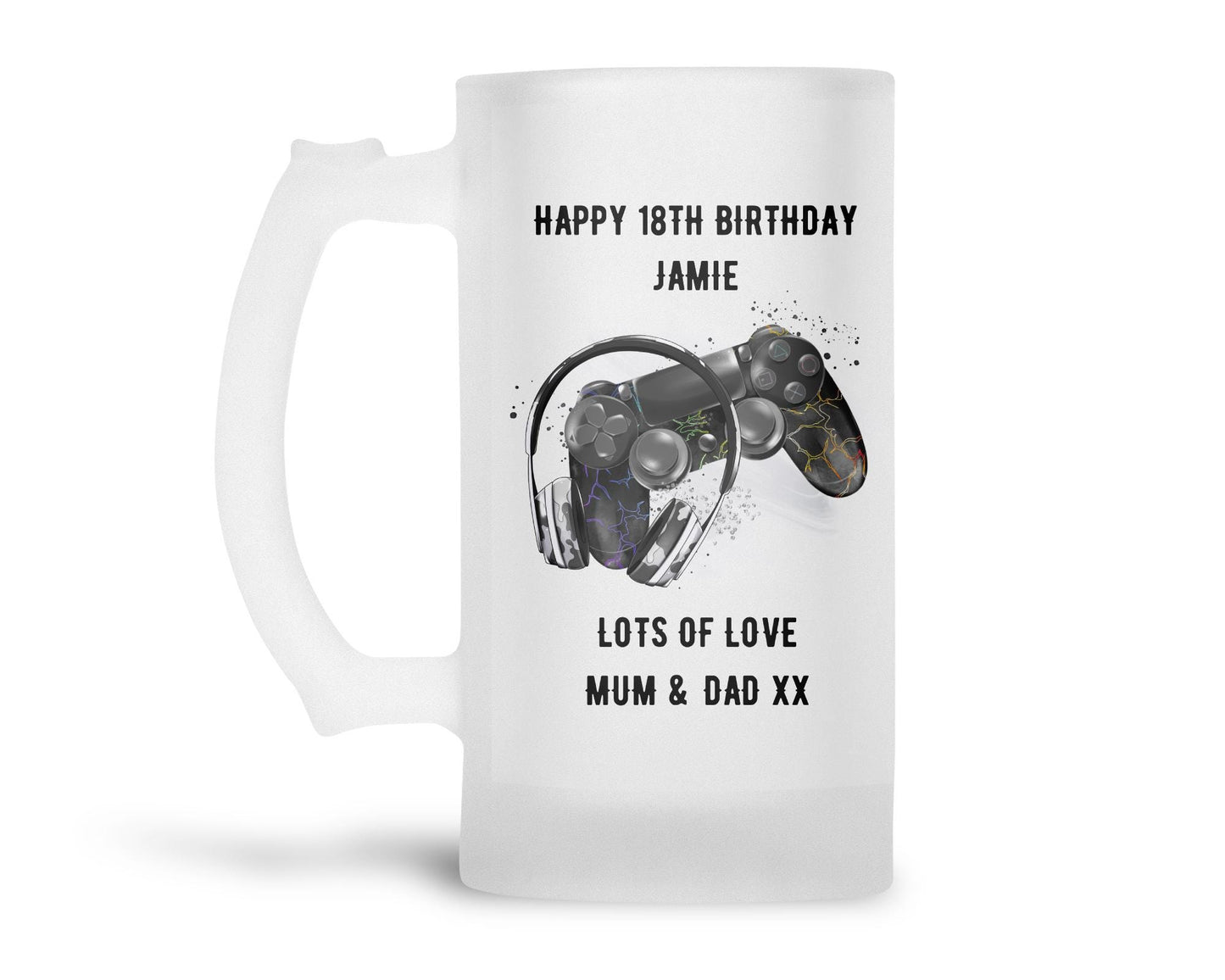 Personalised Frosted Glass Tankard - Gaming Controller & Headset