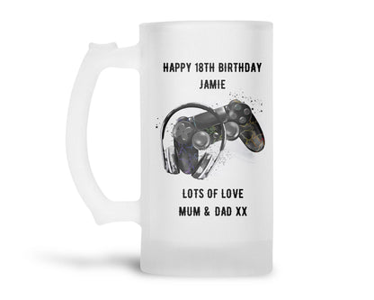 Personalised Frosted Glass Tankard - Gaming Controller & Headset