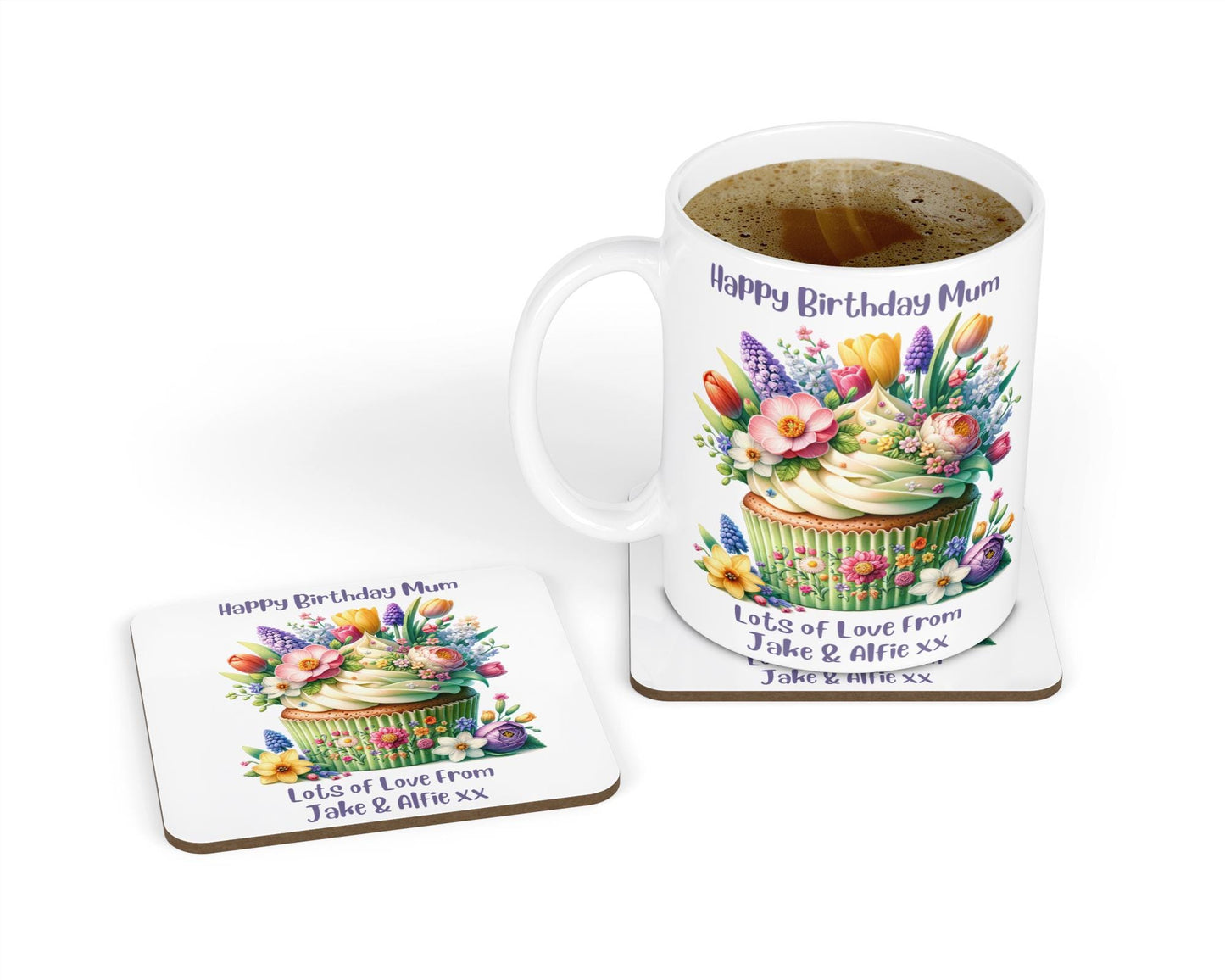 Personalised Mug & Coaster - Floral Cupcake