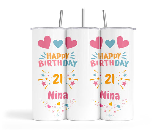 Personalised Insulated Tumbler Travel Bottle - Hearts & Stars Birthday