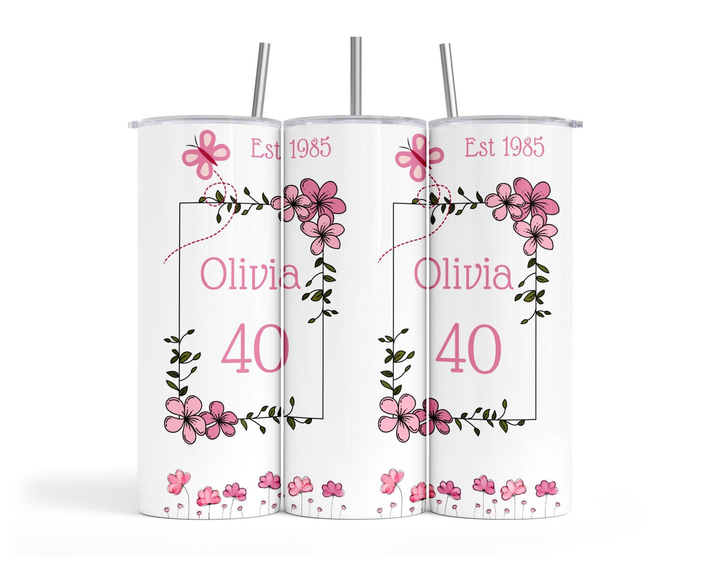 Personalised Insulated Tumbler Travel Bottle - Pink Floral Birthday