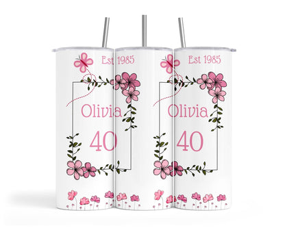 Personalised Insulated Tumbler Travel Bottle - Pink Floral Birthday