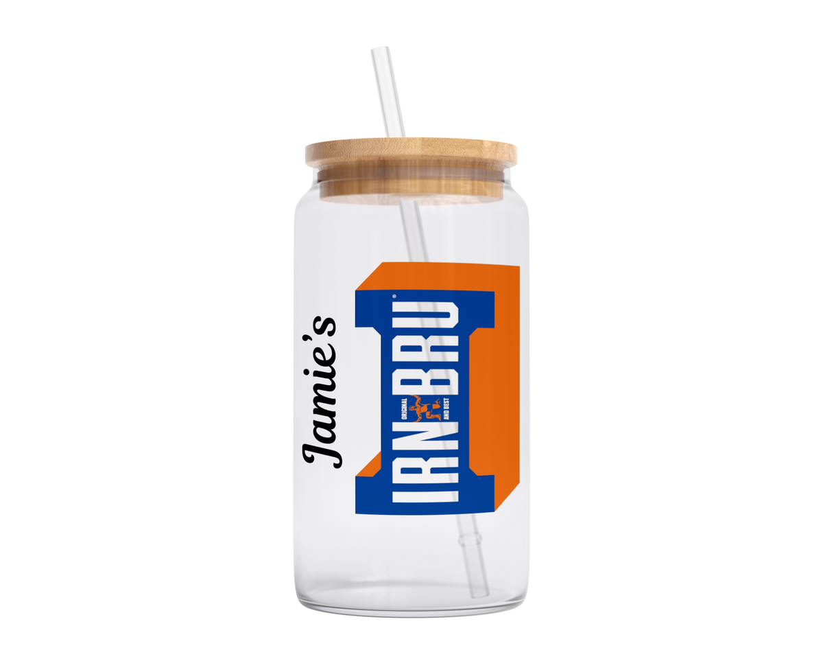 Personalised Clear Glass Tumbler with Lid & Straw - Irn Bru Design
