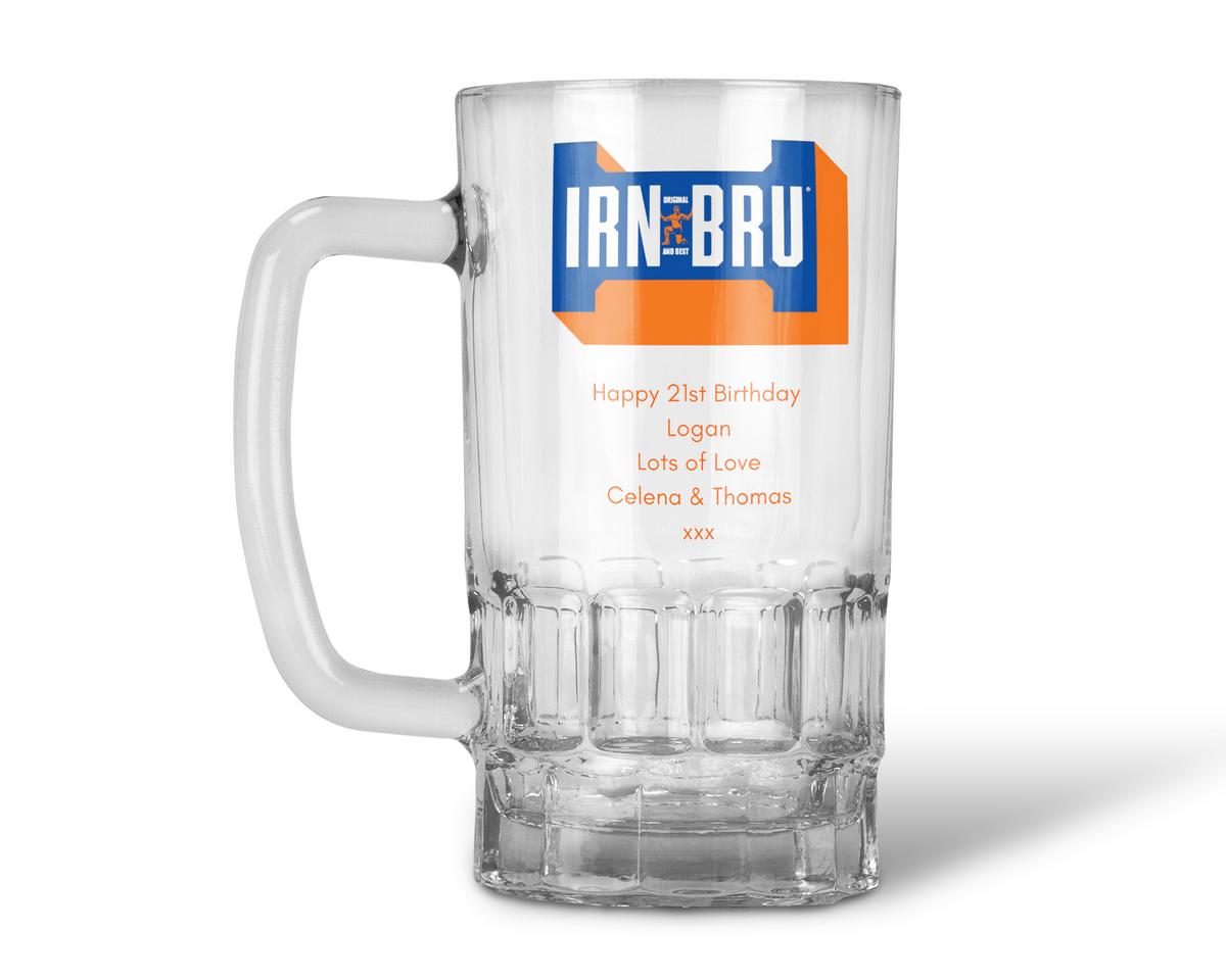 Personalised 20oz Pint Clear Glass Beer Tankard Mug - Irn Bru Design