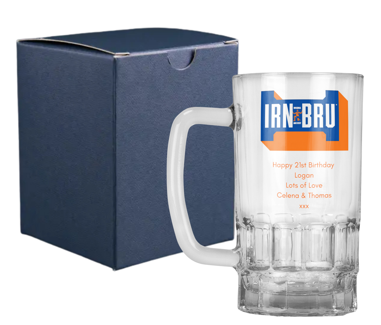 Personalised 20oz Pint Clear Glass Beer Tankard Mug - Irn Bru Design