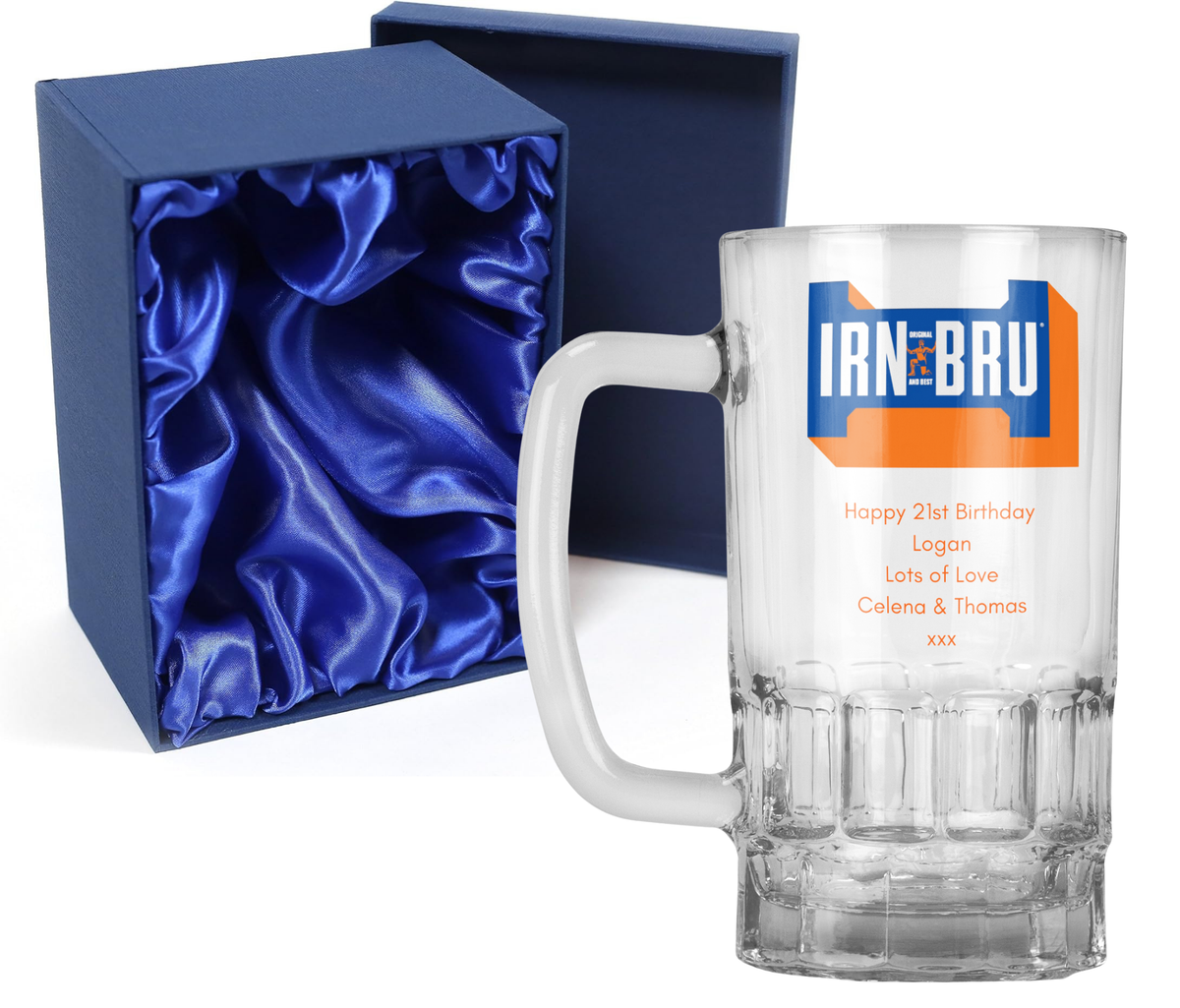 Personalised 20oz Pint Clear Glass Beer Tankard Mug - Irn Bru Design