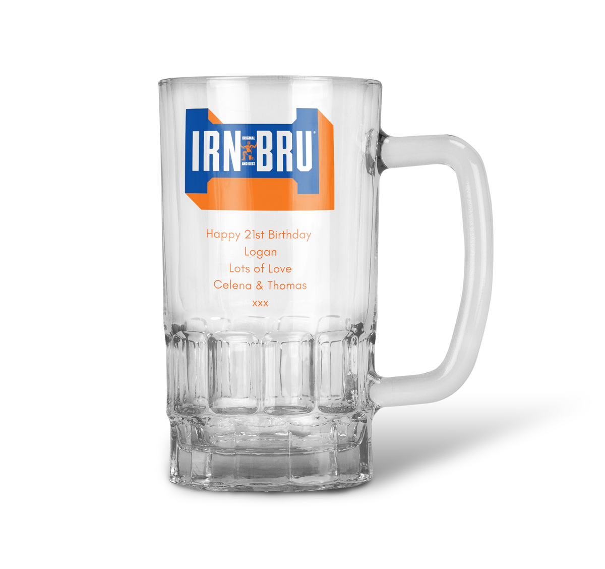 Personalised 20oz Pint Clear Glass Beer Tankard Mug - Irn Bru Design
