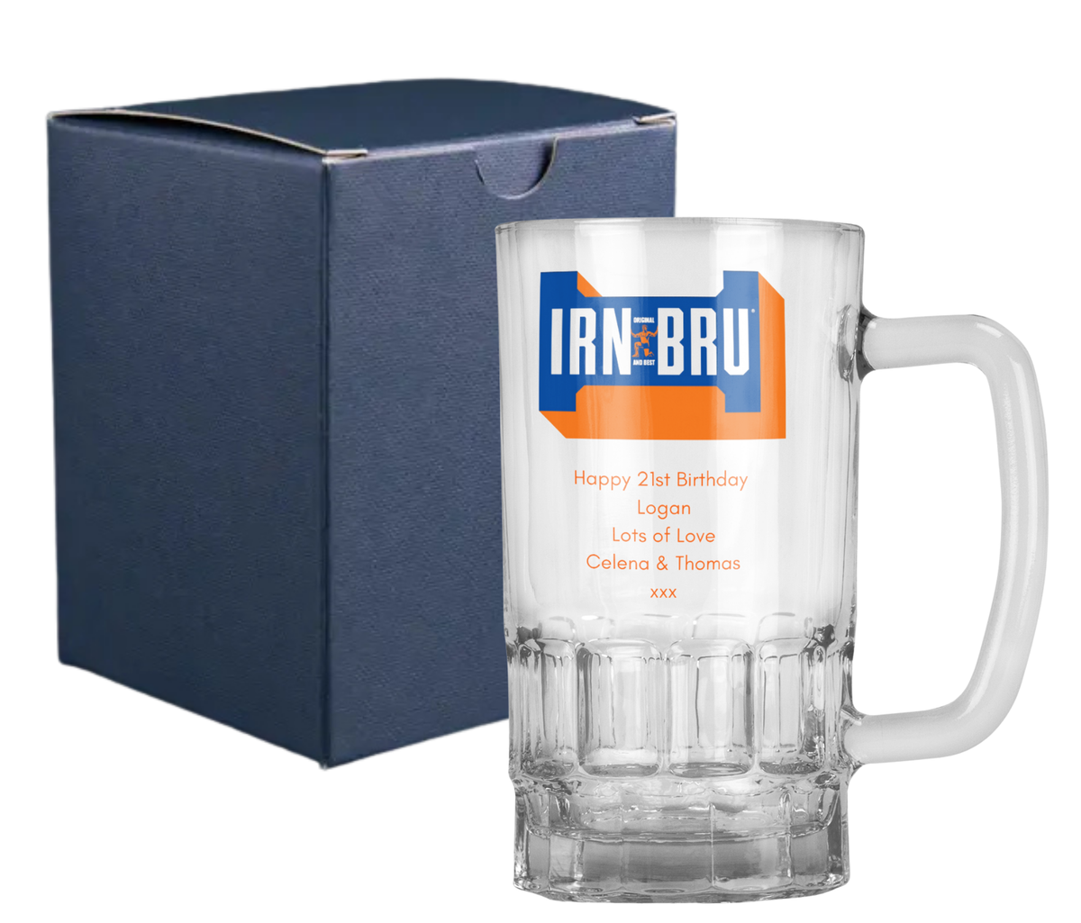 Personalised 20oz Pint Clear Glass Beer Tankard Mug - Irn Bru Design