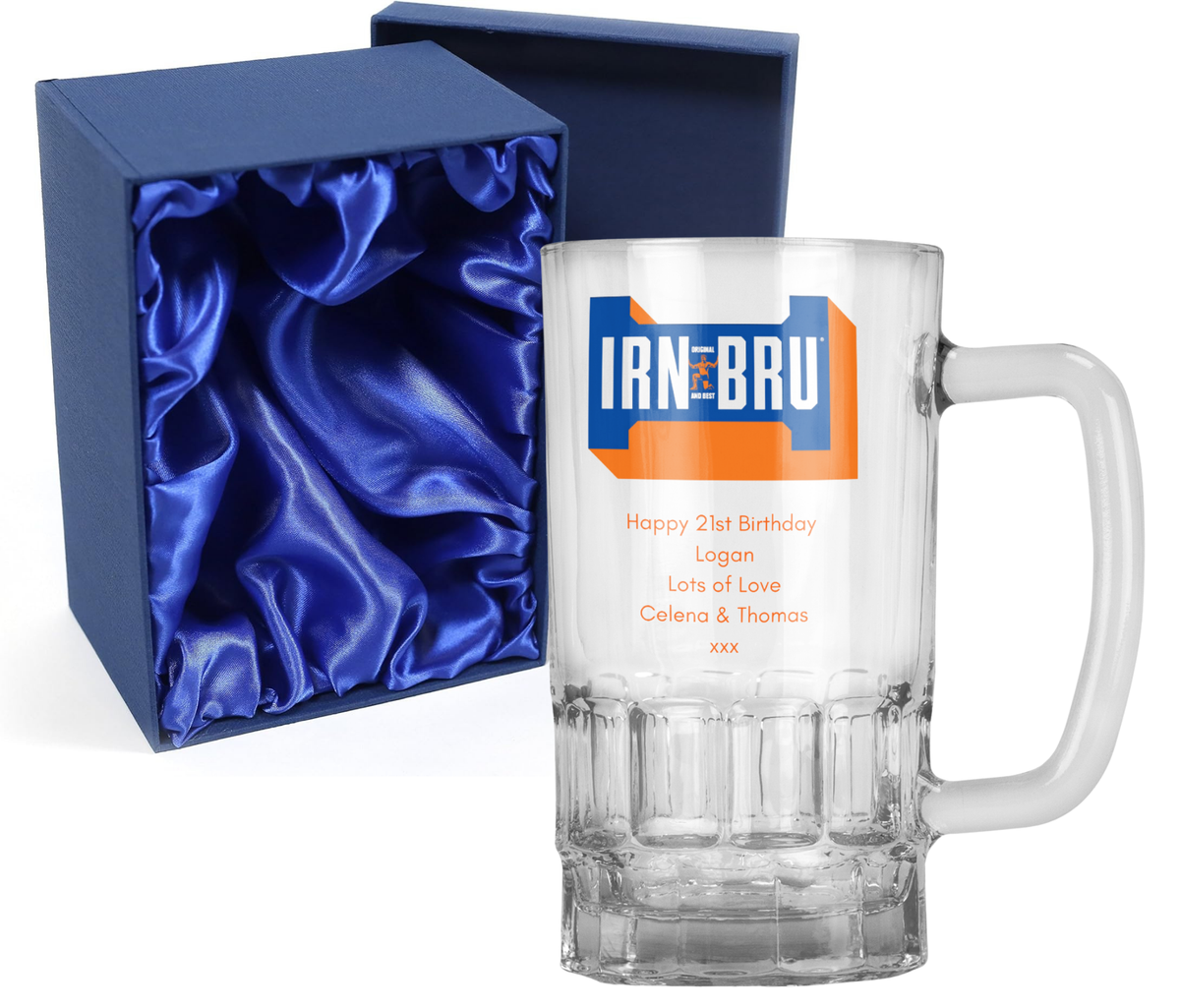 Personalised 20oz Pint Clear Glass Beer Tankard Mug - Irn Bru Design