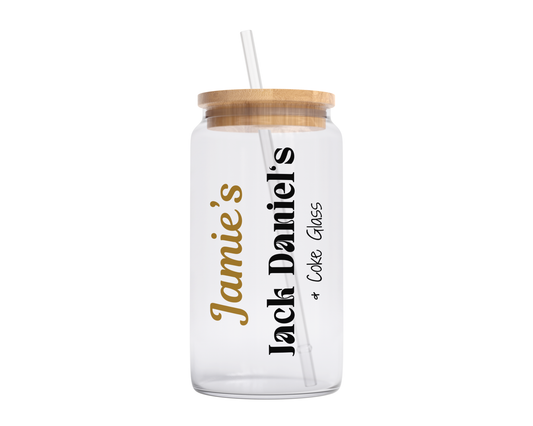 Personalised Clear Glass Tumbler with Lid & Straw - Jack Daniels Design