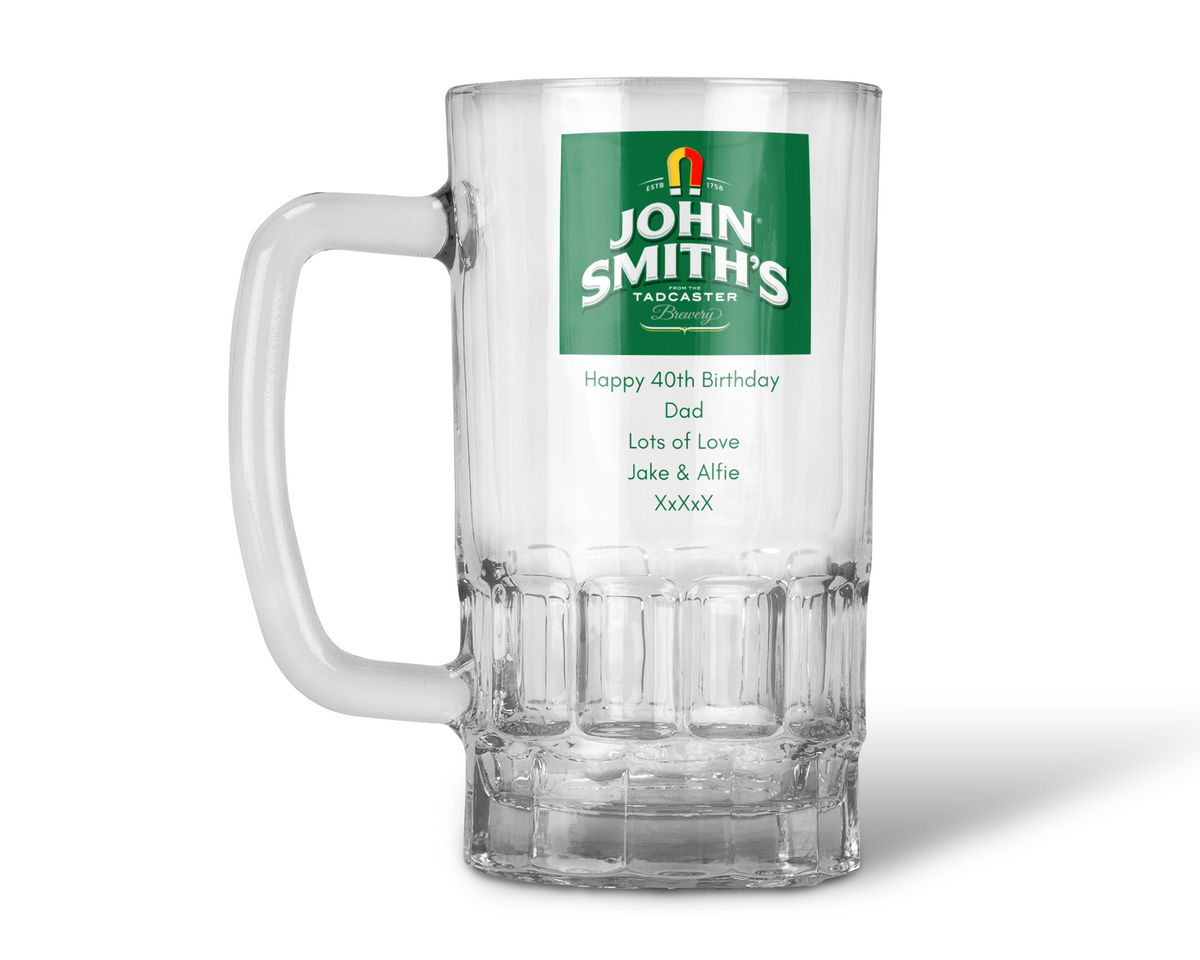 Personalised 20oz Pint Clear Glass Beer Tankard Mug - John Smith's Design